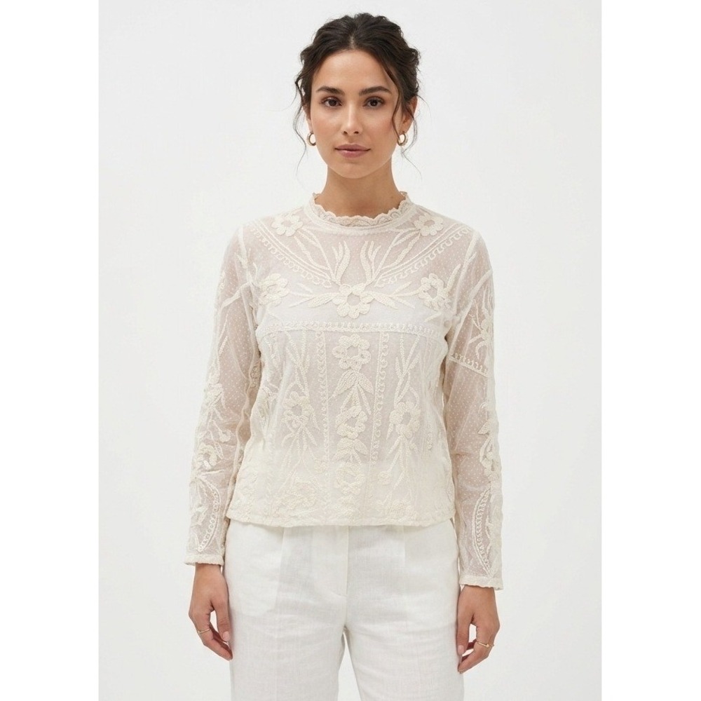 Sundance White Lace Mesh Top Sz L Sheer Embroidered Mock Neck Long Sleeve Boho
